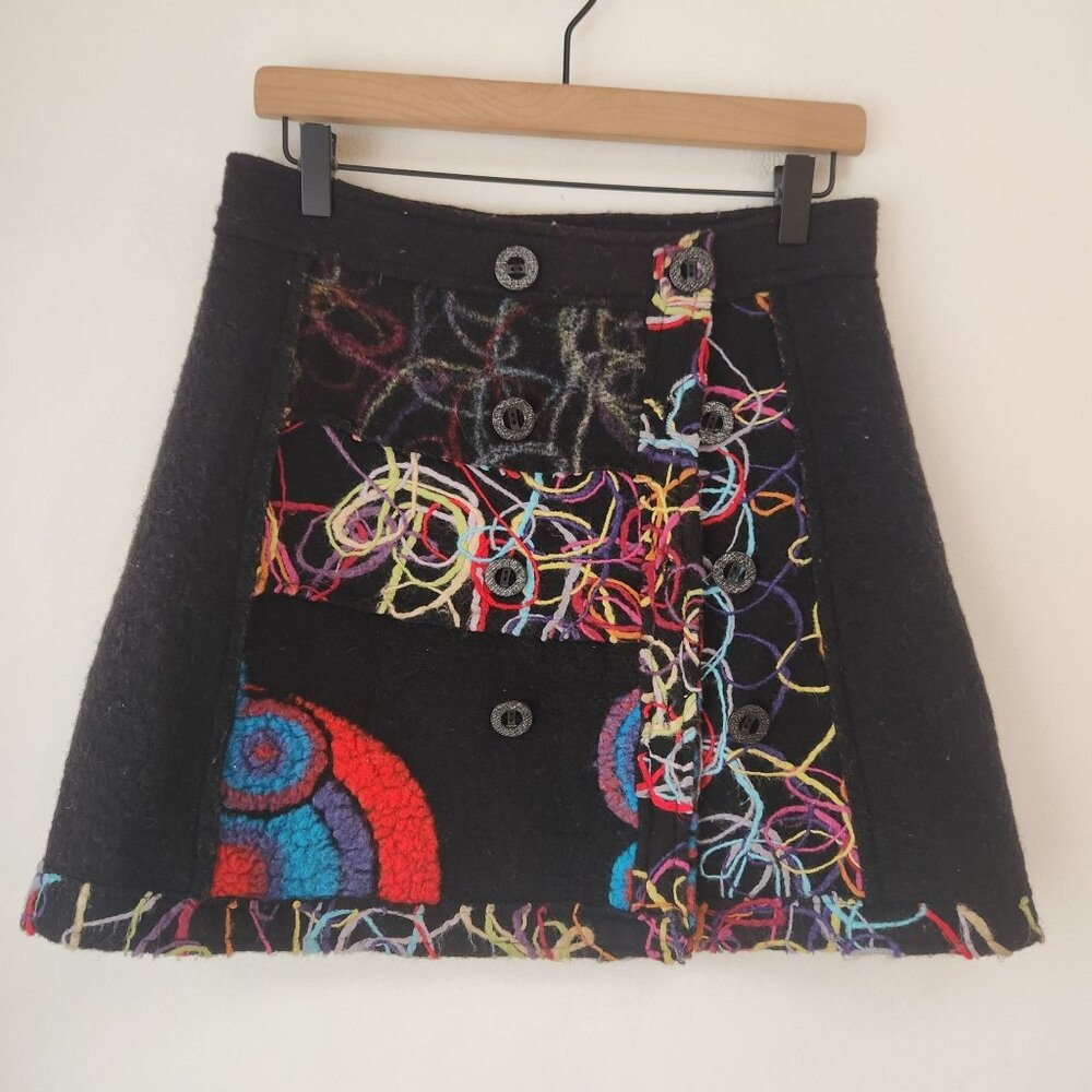 Vintage Cache Cache Wool Blend Artsy Black Skirt Yarn Art Women's 38 (M)